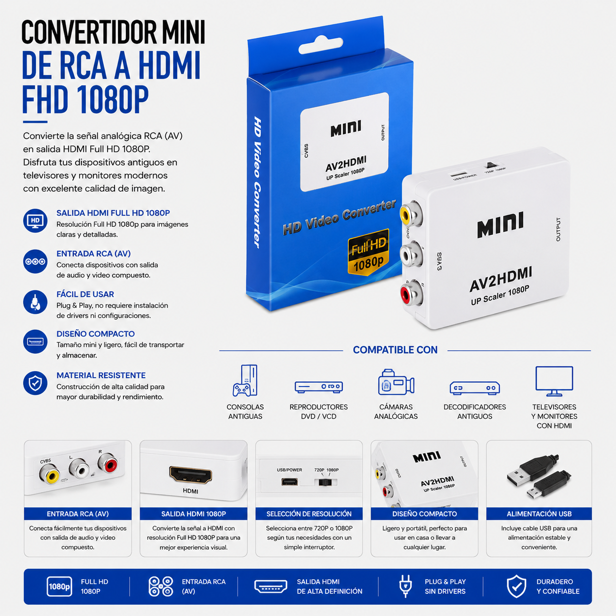 Convertidor Mini RCA (AV) a HDMI Full HD 1080P