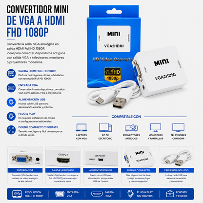 Convertidor Mini VGA a HDMI Full HD 1080P
