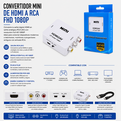 Convertidor Mini HDMI a RCA Full HD 1080P