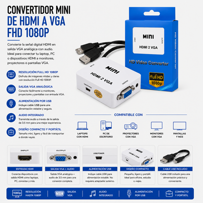 Convertidor Mini HDMI a VGA Full HD 1080P