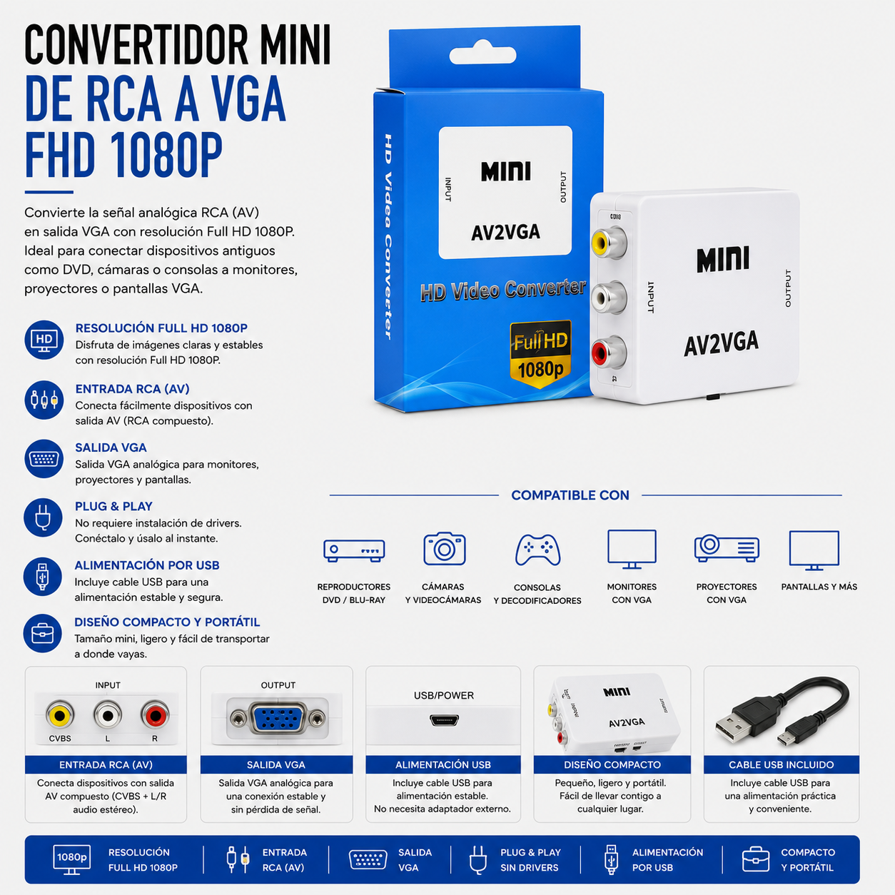 Convertidor Mini RCA (AV) a VGA Full HD 1080P