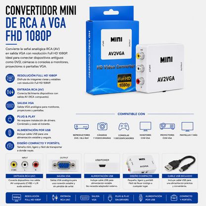 Convertidor Mini RCA (AV) a VGA Full HD 1080P