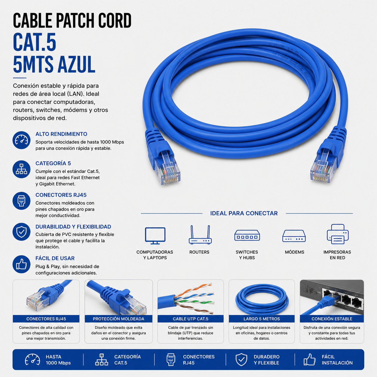 Cable Patch Cord CAT.5e 5 Metros Azul