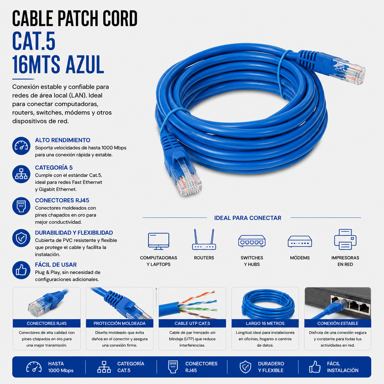 Cable Patch Cord CAT.5e 15 Metros Azul