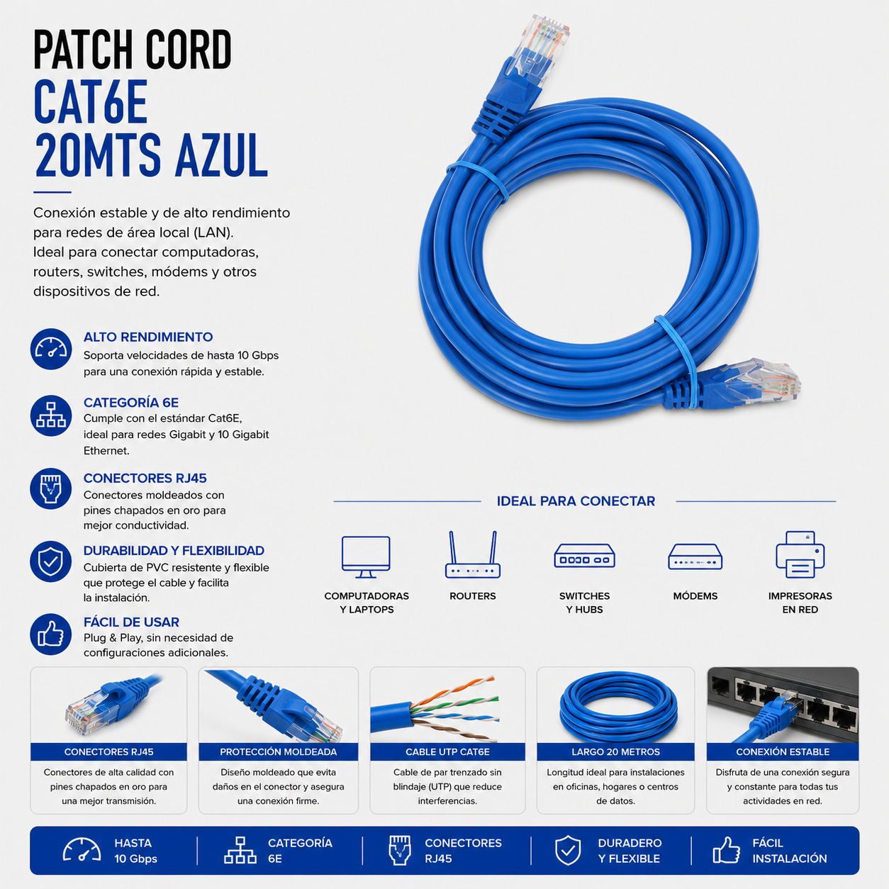 Cable Patch Cord CAT.6 20 Metros Azul