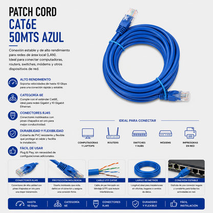 Cable Patch Cord CAT.6 50 Metros Azul