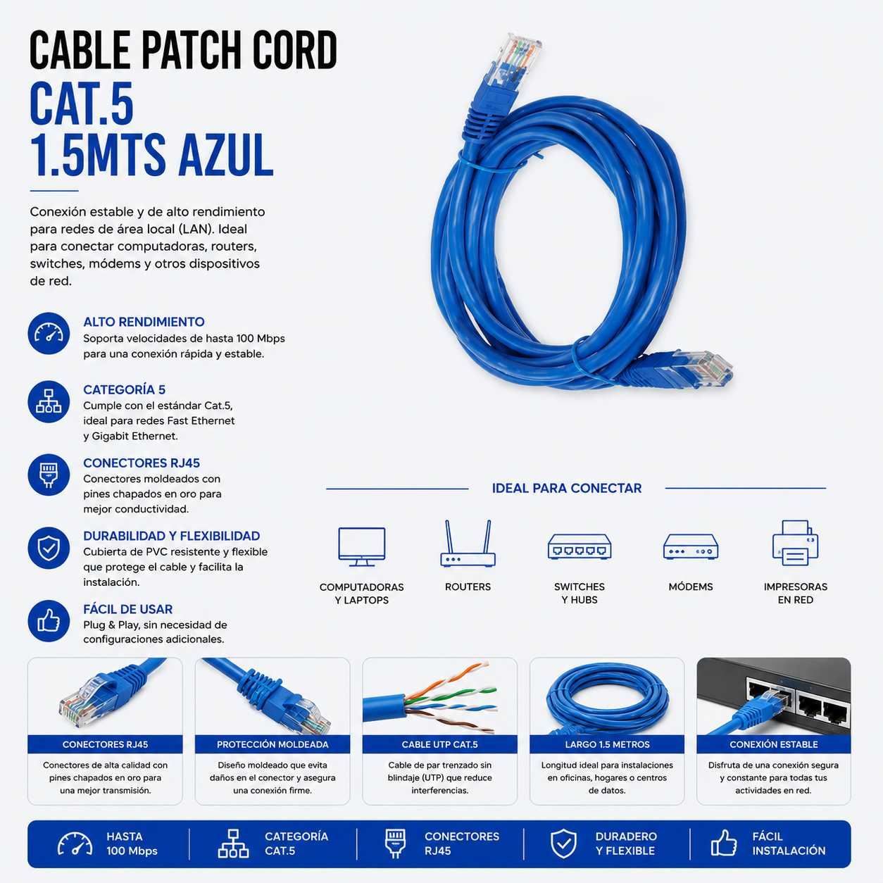 Cable Patch Cord CAT.5e 1.5 Metros Azul