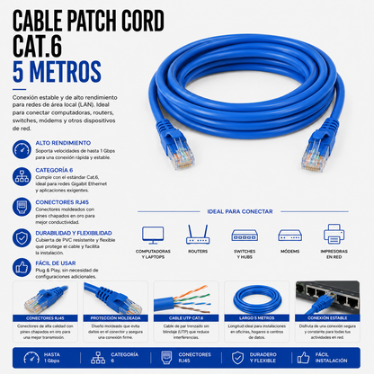 Cable Patch Cord CAT.6 5 Metros Azul