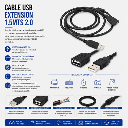 Cable USB Extensión 5 Metros USB 2.0