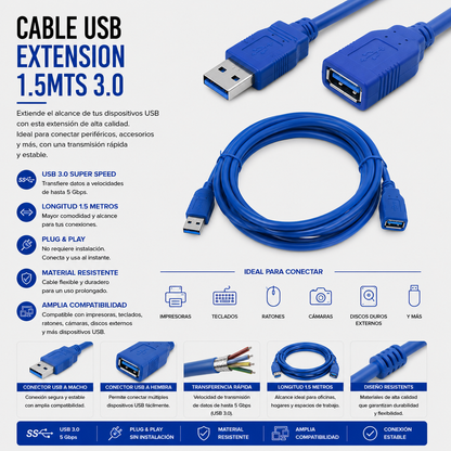 Cable USB Extensión 1.5 Metros USB 3.0