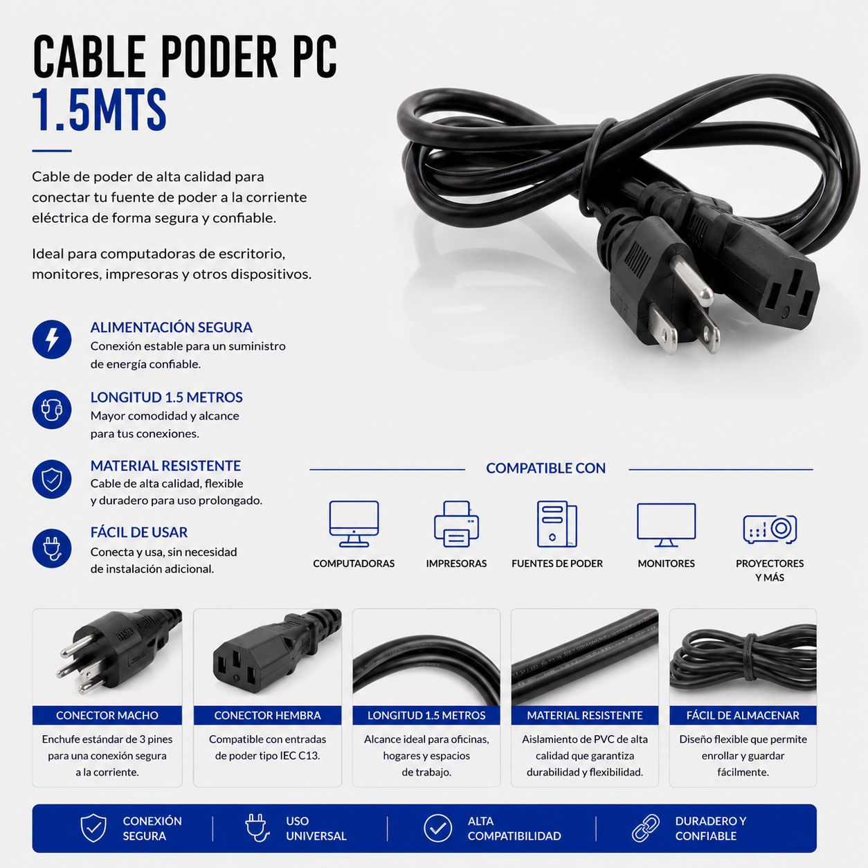 Cable de Poder para PC 1.5 Metros
