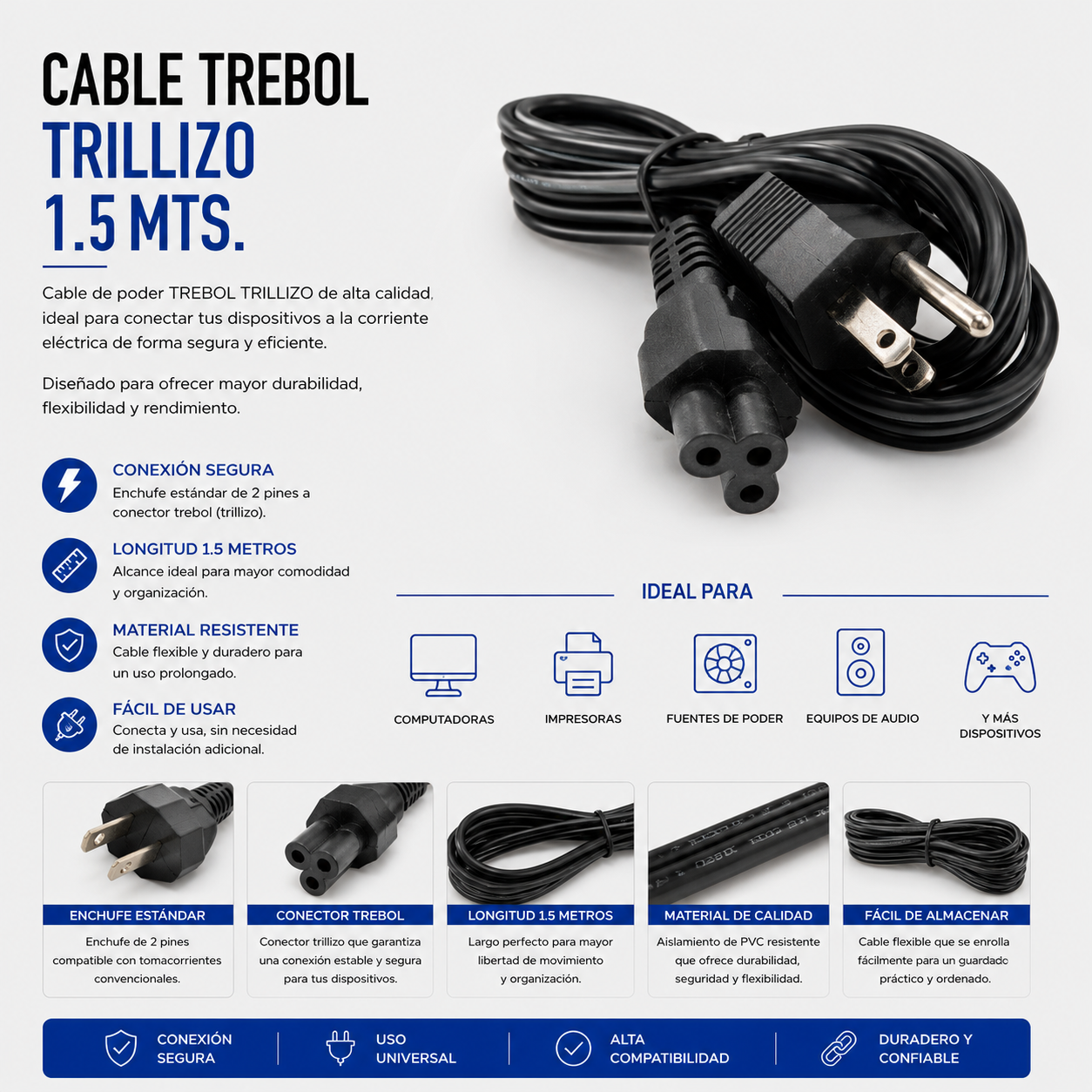 CABLE DE PODER TIPO TREBOL 3 HILOS 1.5Mts