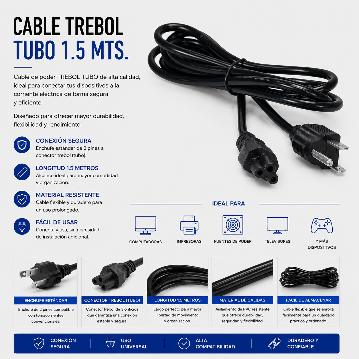 Cable Trébol Tipo Tubo 1.5 Metros