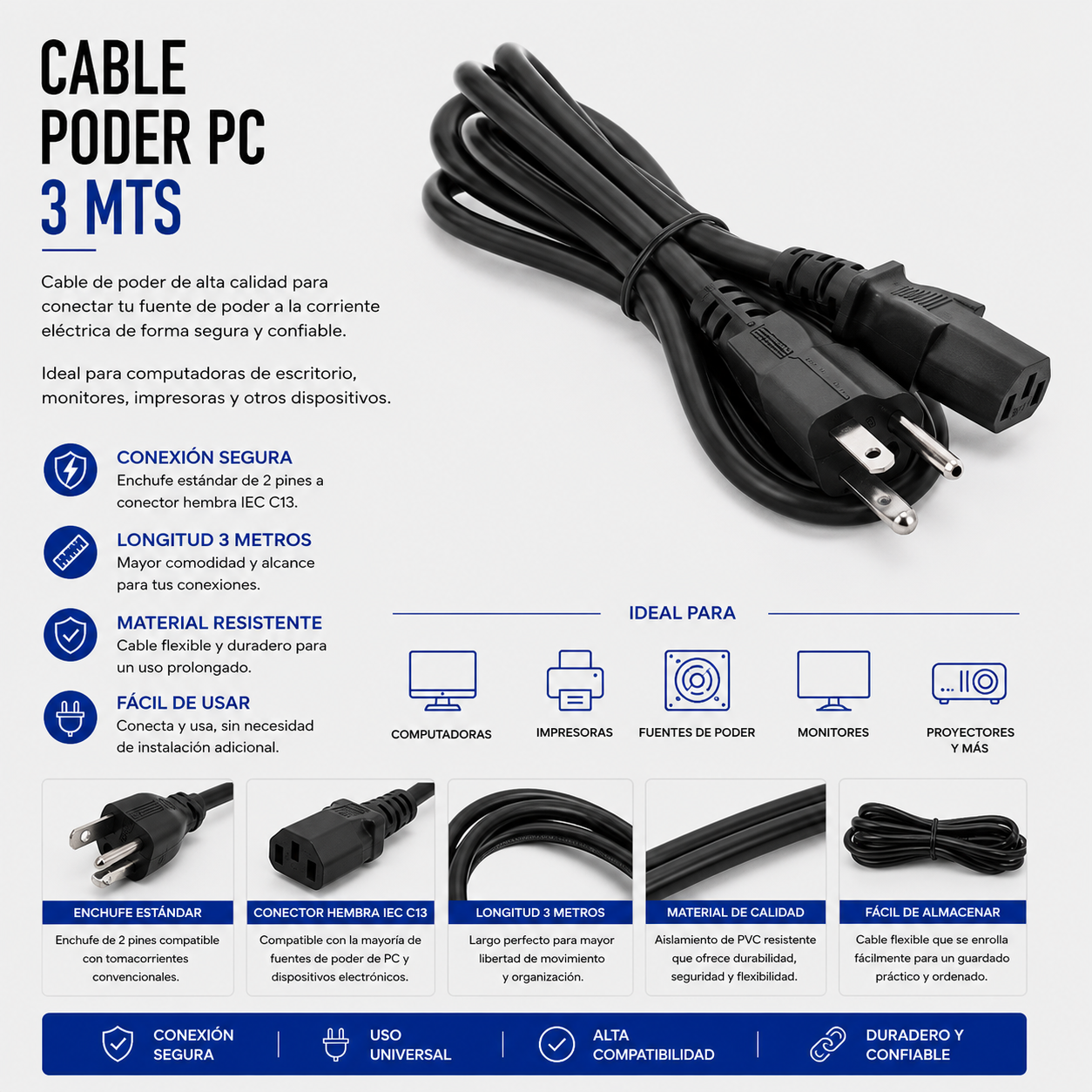 Cable de Poder para PC 3 Metros
