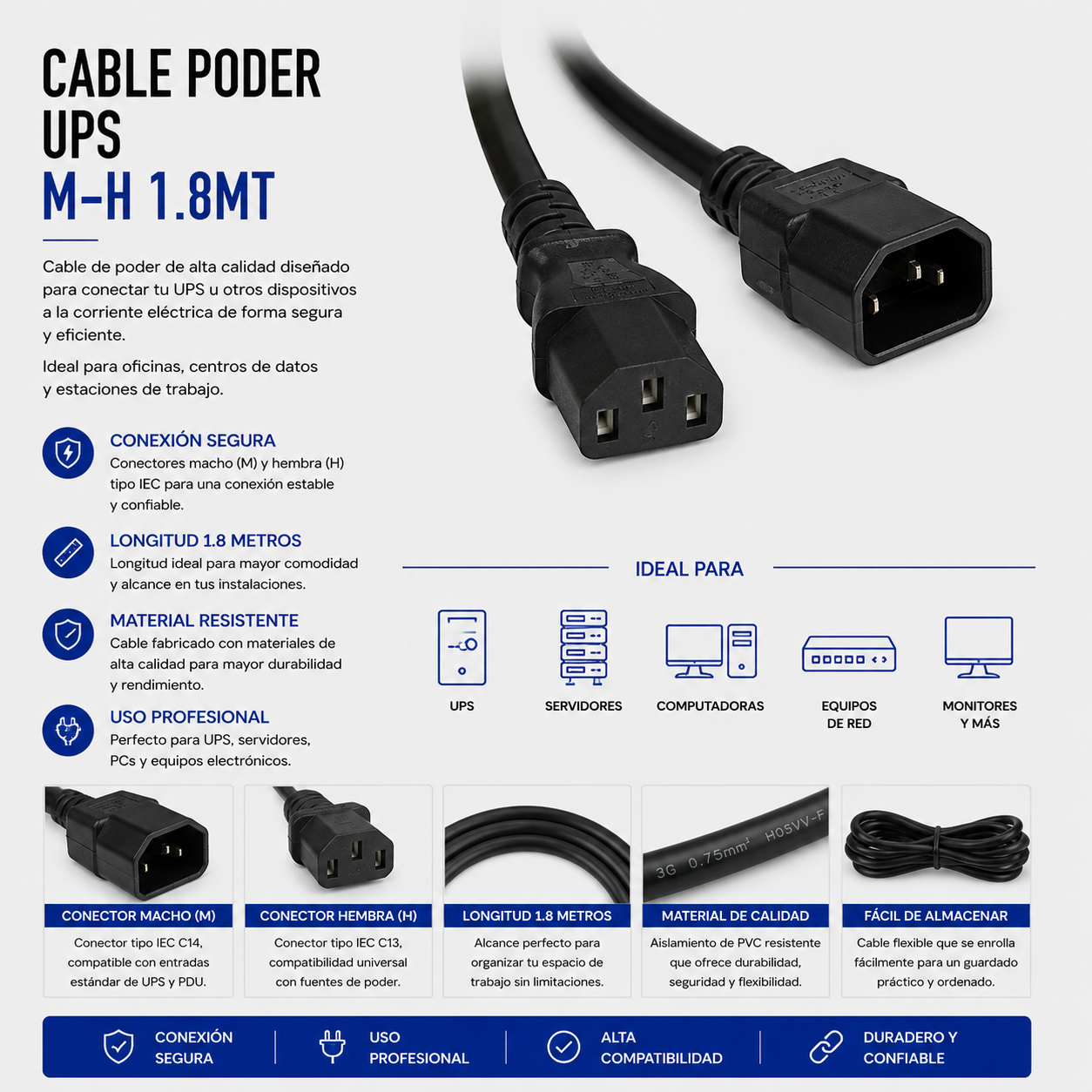 Cable de Poder UPS Macho a Hembra 1.8 Metros