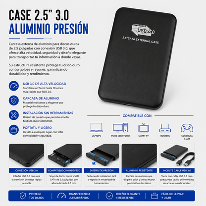 Case para Disco Duro Externo 2.5" USB 3.0 de Aluminio