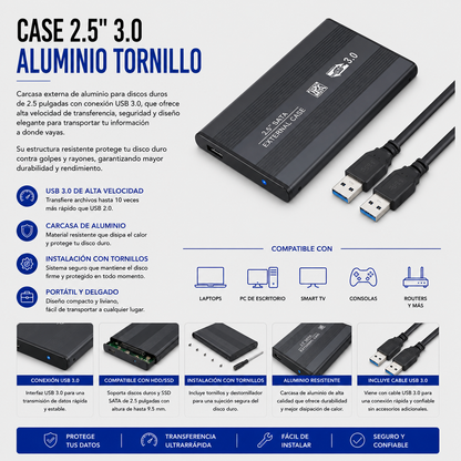 Case para Disco Duro Externo 2.5" USB 3.0 de Aluminio con Tornillos