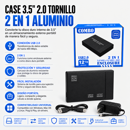 ENCLOSURE P/DISCO SATA COMBO 2 EN 1 3.5/2.5 USB 2.0 PRESION PC/LAPTOP