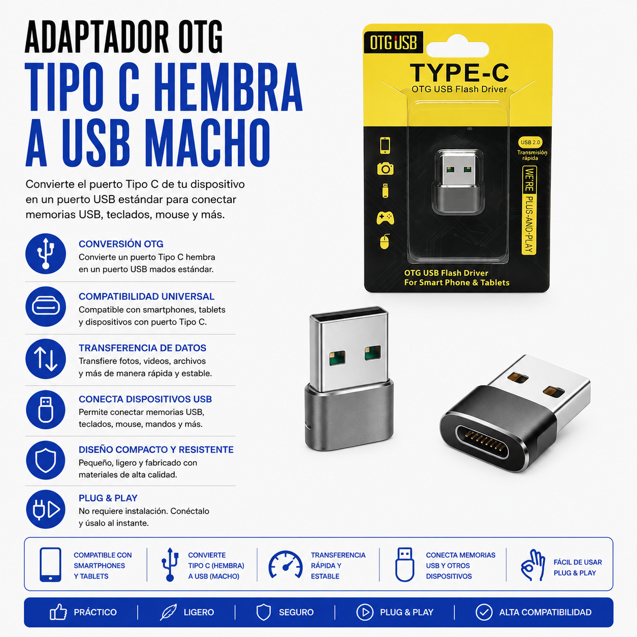 Adaptador OTG USB Tipo-C Hembra a USB Tipo-A Macho