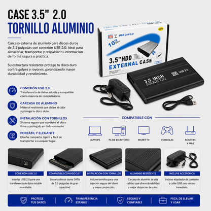 Case para Disco Duro Externo 3.5" USB 2.0 de Aluminio con Tornillos