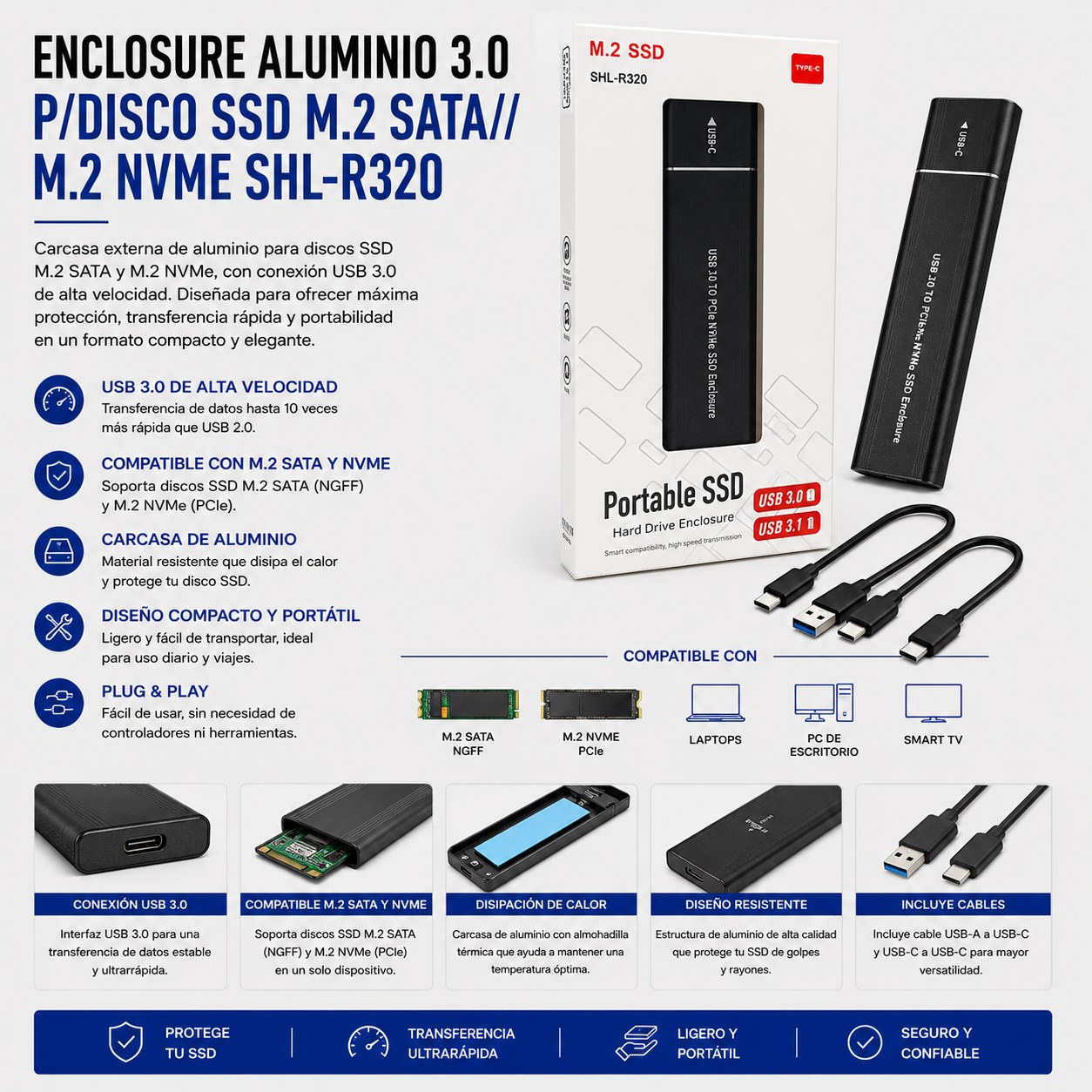 Enclosure USB 3.0 de Aluminio para SSD M.2 SATA / NVMe SHL-R320