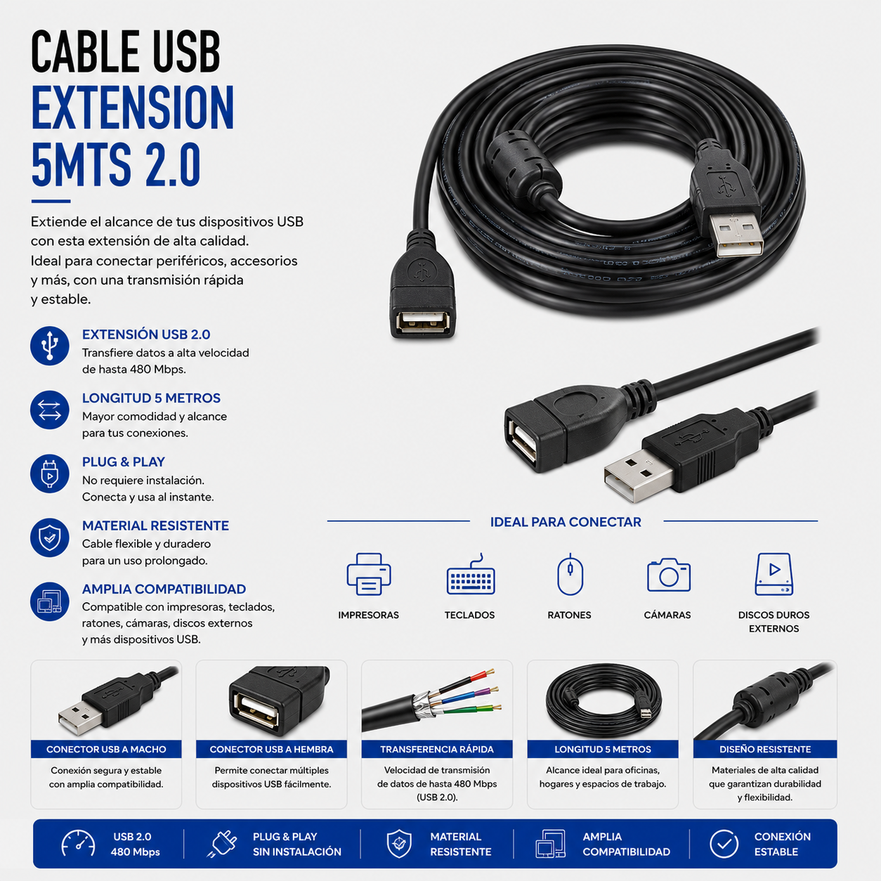 Cable USB Extensión 5 Metros USB 2.0
