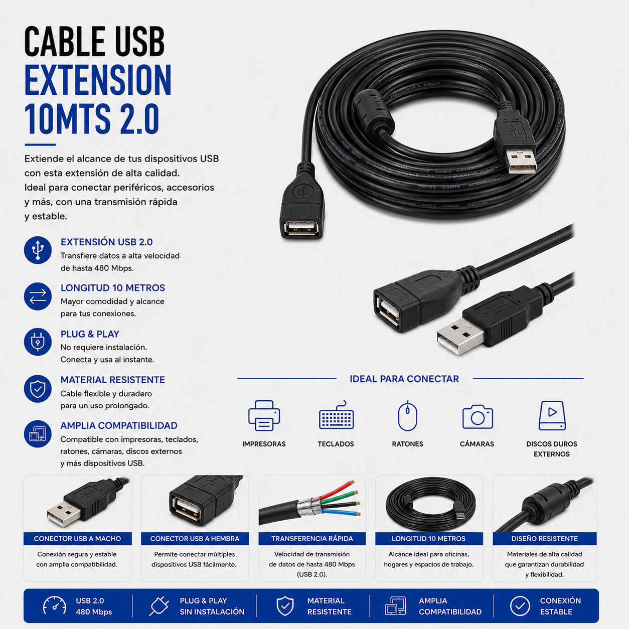 Cable USB Extensión 10 Metros USB 2.0