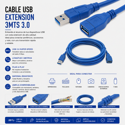Cable USB Extensión 3 Metros USB 3.0
