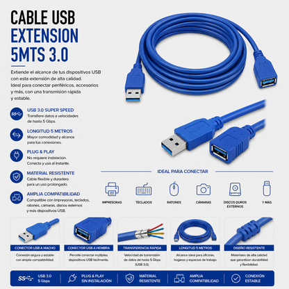 Cable USB Extensión 5 Metros USB 3.0