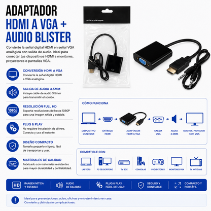 Adaptador HDMI a VGA con Salida de Audio