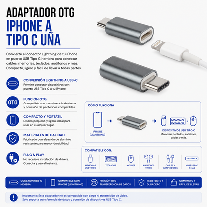 Adaptador OTG Lightning Hembra a USB Tipo-C Macho