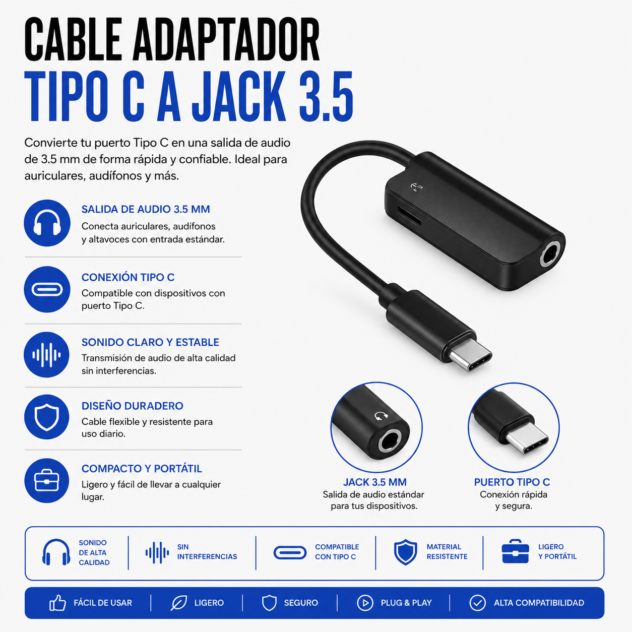 Cable Adaptador USB Tipo-C a USB-C + Jack 3.5 mm