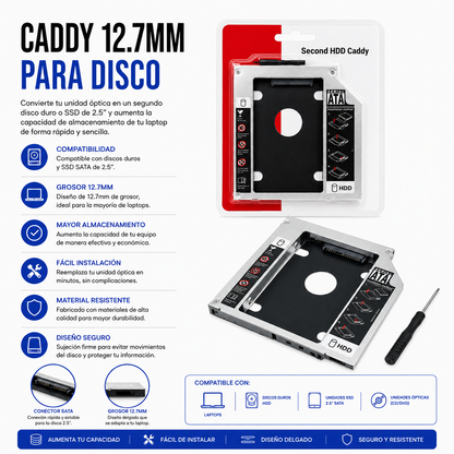 Caddy SATA 12.7 mm para Segundo Disco Duro / SSD de Laptop