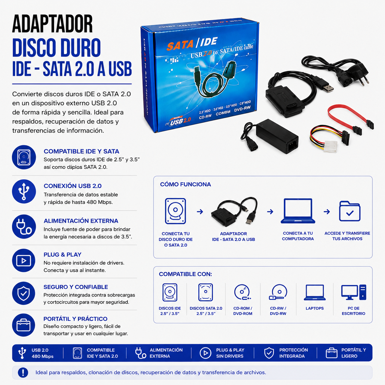 Adaptador para Disco Duro IDE / SATA a USB 2.0