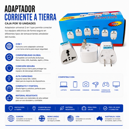 Adaptador de Corriente Universal con toma aTierra – Caja x 10 Unidades