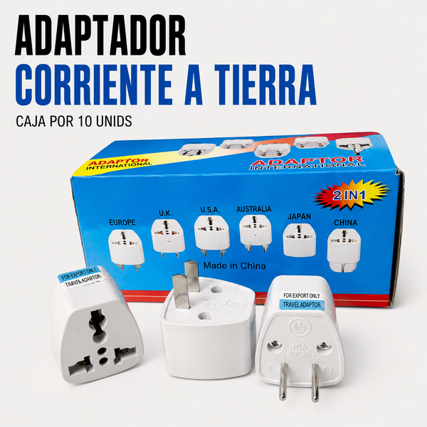 Adaptador de Corriente Universal con toma aTierra – Caja x 10 Unidades