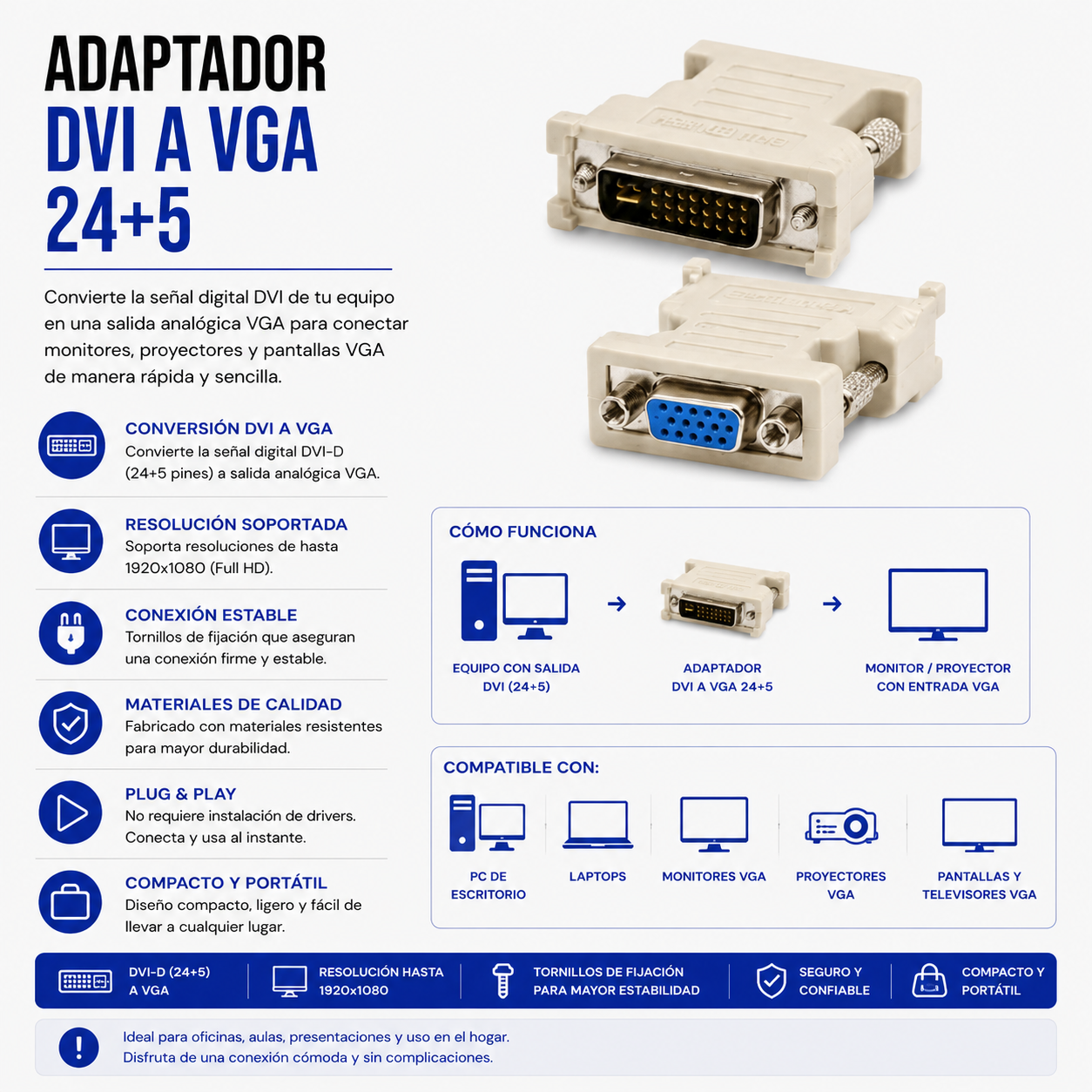 Adaptador DVI-I 24+5 Macho a VGA Hembra
