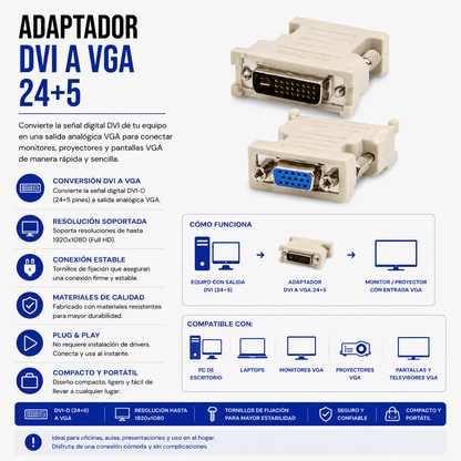 Adaptador DVI-I 24+5 Macho a VGA Hembra