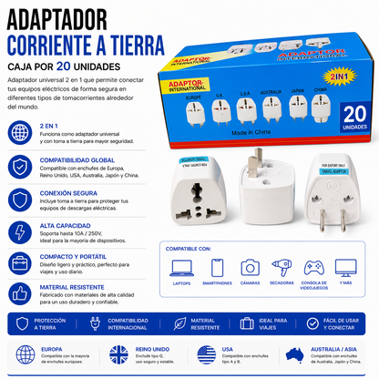 Adaptador de Corriente Universal con Tierra – Caja x 20 Unidades