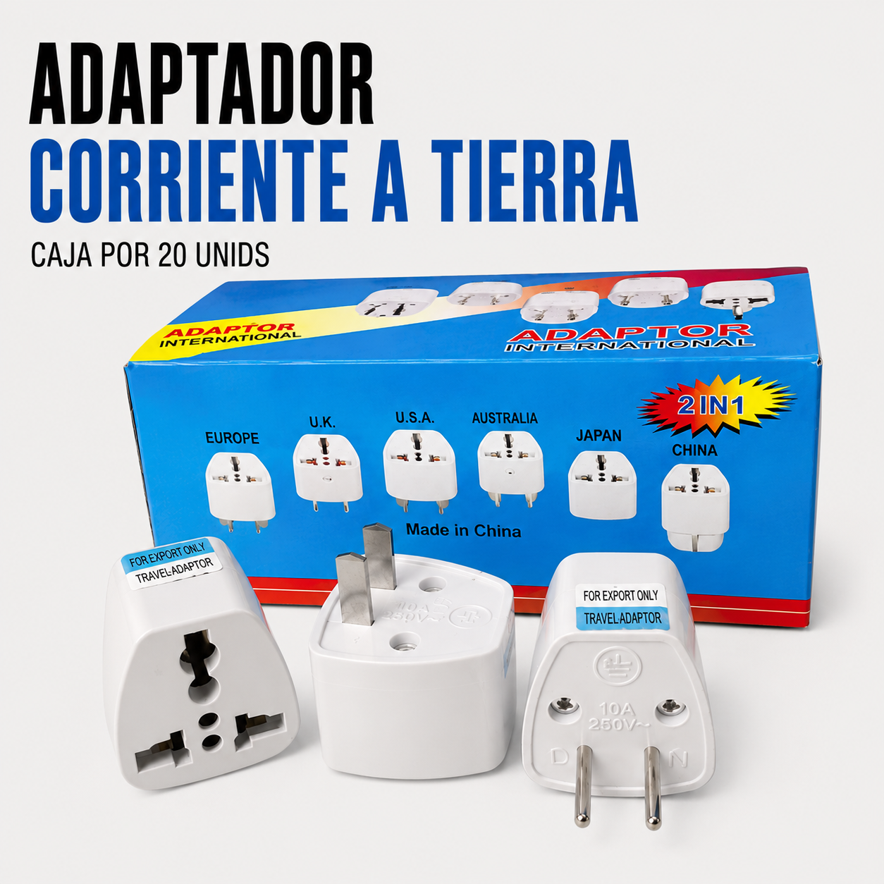 Adaptador de Corriente Universal con Tierra – Caja x 20 Unidades