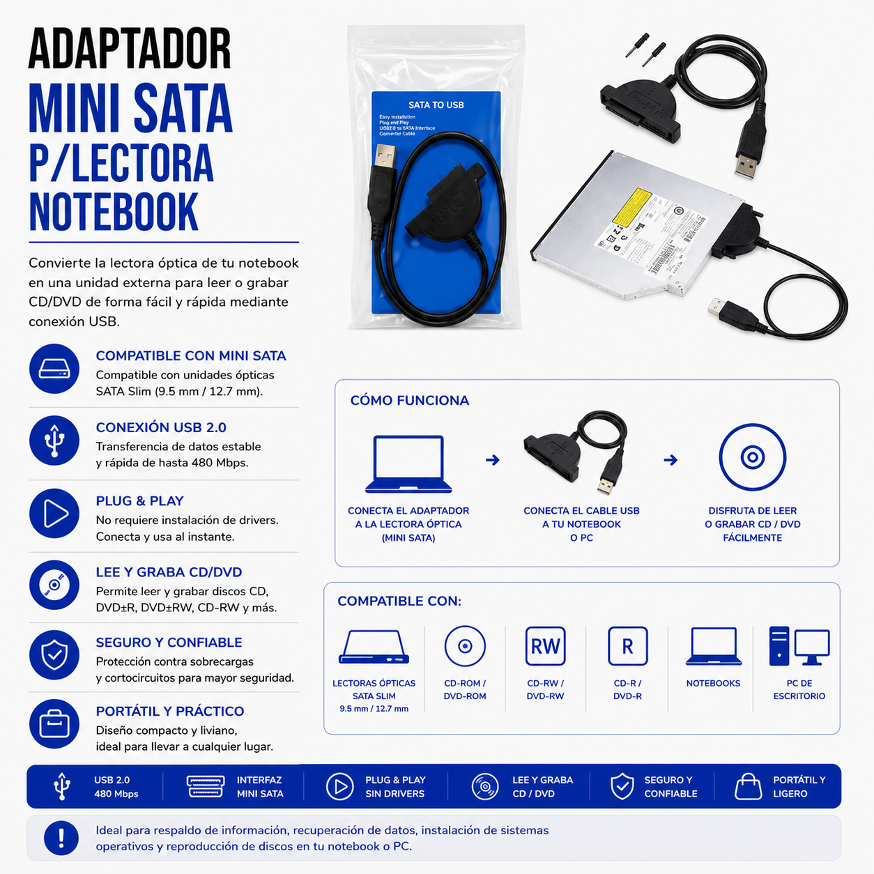 Adaptador USB a Mini SATA para Lectora de Notebook