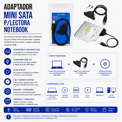 Adaptador USB a Mini SATA para Lectora de Notebook