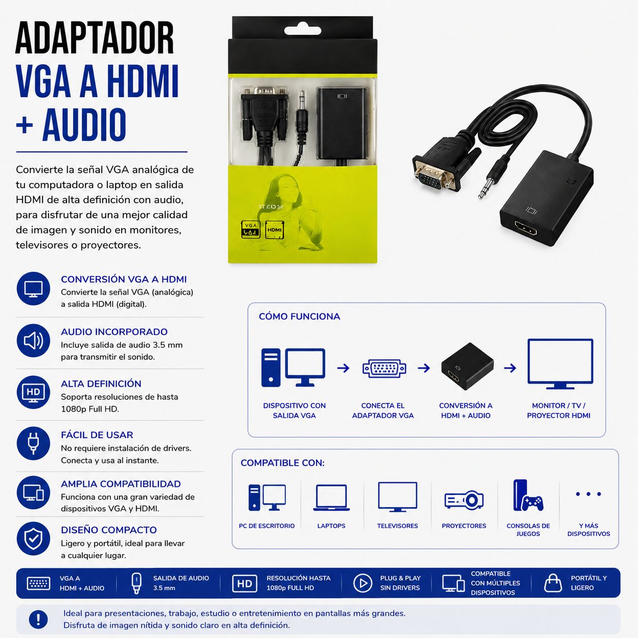 Adaptador VGA a HDMI con Salida de Audio