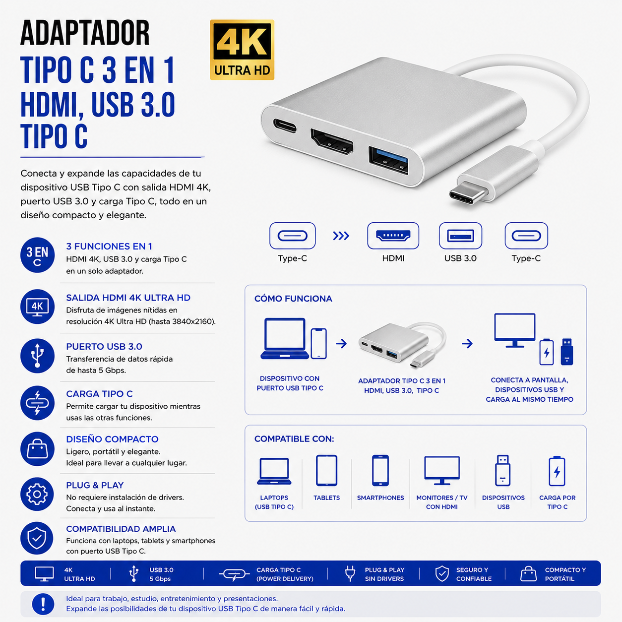 Adaptador USB Tipo-C 3 en 1 – HDMI 4K, USB 3.0 y USB Tipo-C