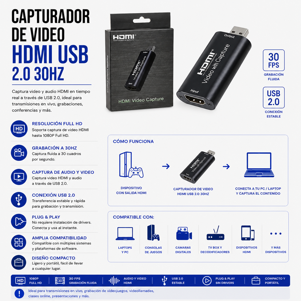 Capturadora de Video HDMI a USB 2.0 – 30 Hz