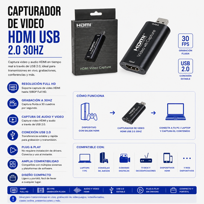 Capturadora de Video HDMI a USB 2.0 – 30 Hz