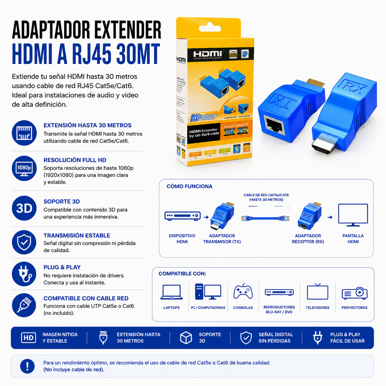Adaptador Extender HDMI a RJ45 – Hasta 30 Metros
