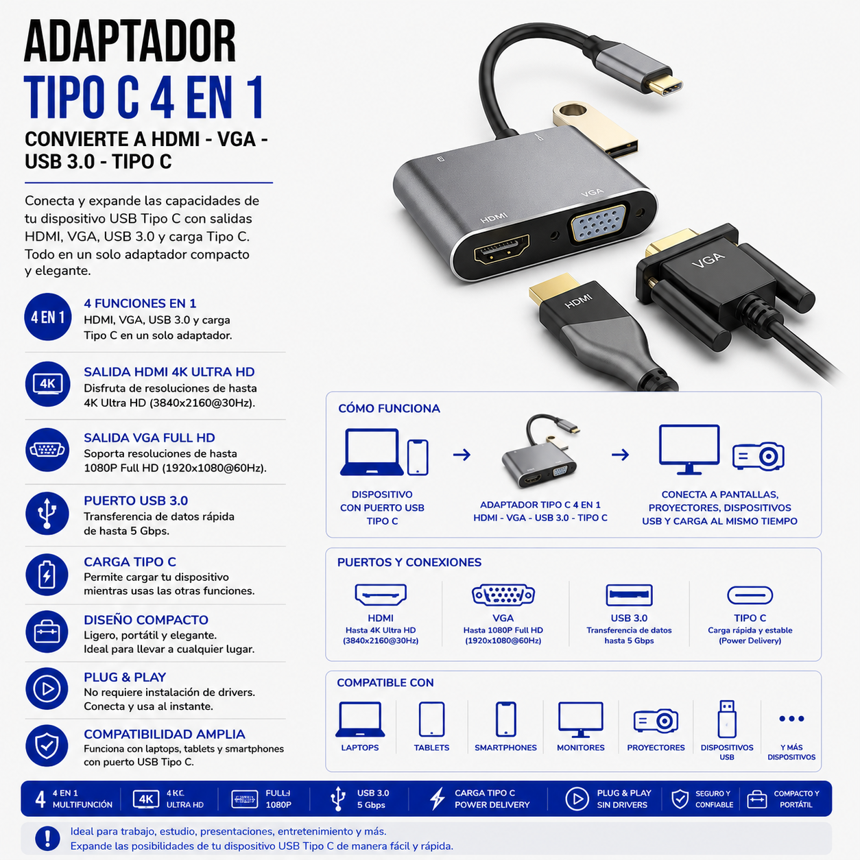 Adaptador USB Tipo-C 4 en 1 – HDMI, VGA, USB 3.0 y USB Tipo-C