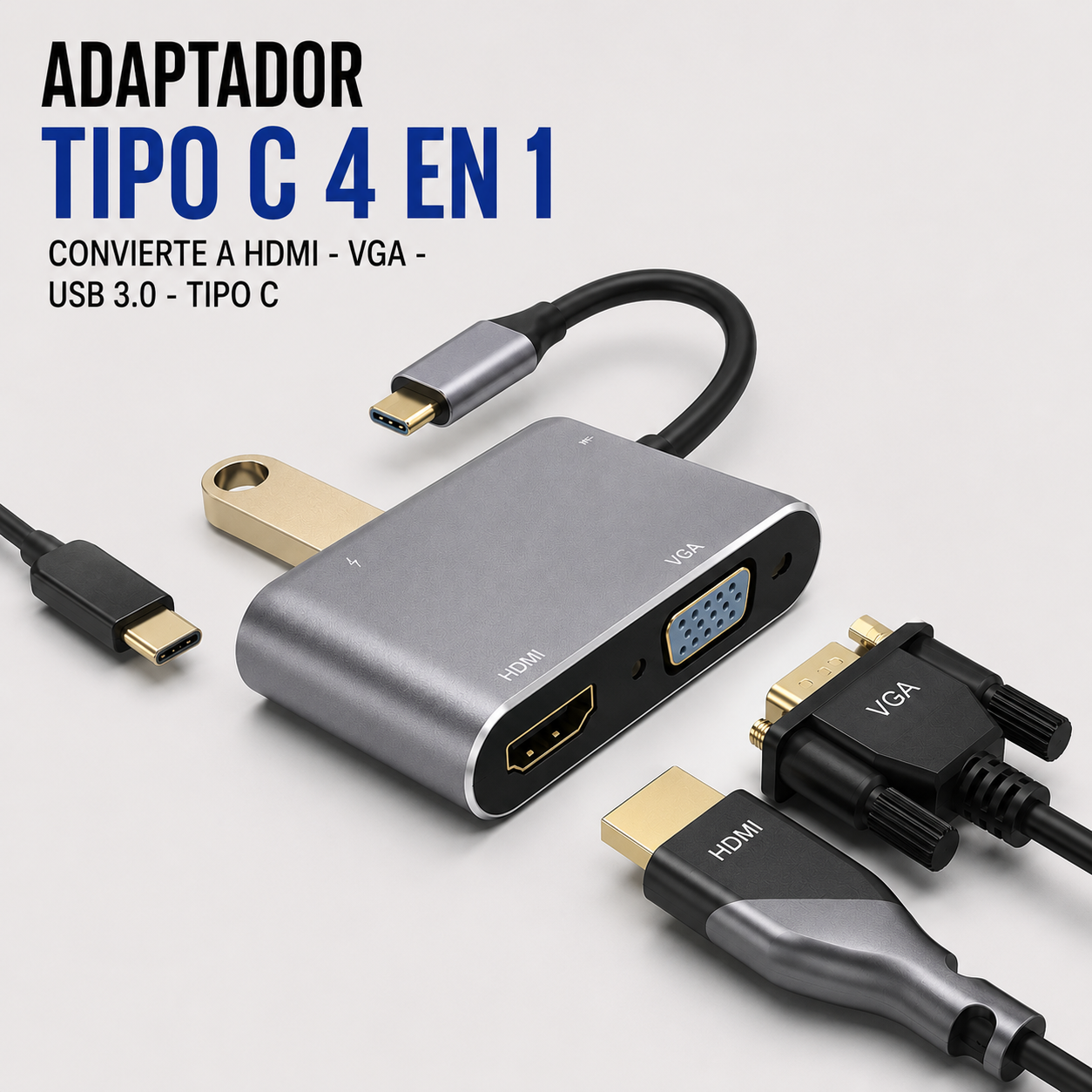 Adaptador USB Tipo-C 4 en 1 – HDMI, VGA, USB 3.0 y USB Tipo-C