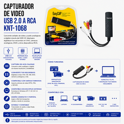 Capturadora de Video USB 2.0 a RCA KNT-1068 (EasyCAP)